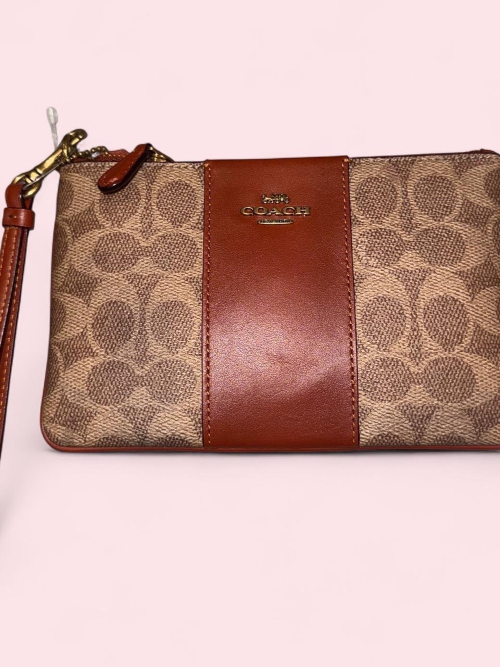 Coach Brown Signature Canvas Wristlet with Leather Accent